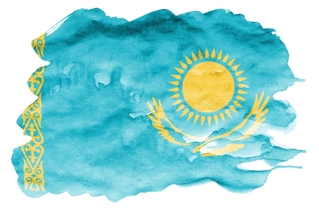Kazakhstan flag is depicted in liquid watercolor style isolated on white background
